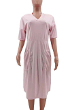 Fashion Loose V Neck Prue Color Casual Dresses TK6153