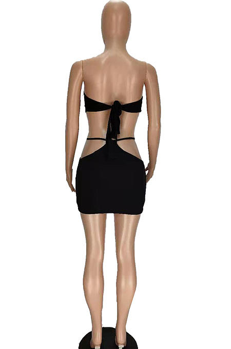 Bandeau Bra Halterneck Knotted Strap Hollow Out Skirts Sets MN8346