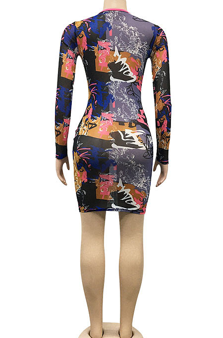 Sexy Net Yarn Perspective Bind Tight Long Sleeve Mini Dress XZ5071