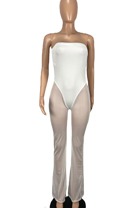 Women Net Yarn Double Bandeau Bra Wide Leg Jumpsuits CY1320
