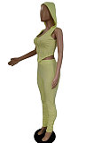 Pure Color Hooded Hollow Out Sexy Shirred Detail Pants Sets CN0094