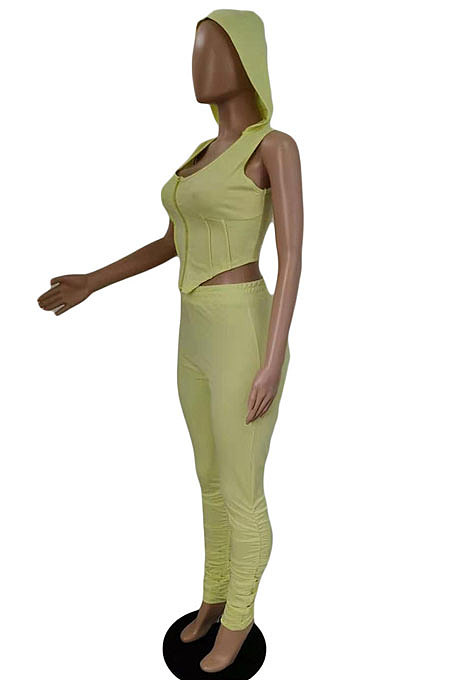 Pure Color Hooded Hollow Out Sexy Shirred Detail Pants Sets CN0094