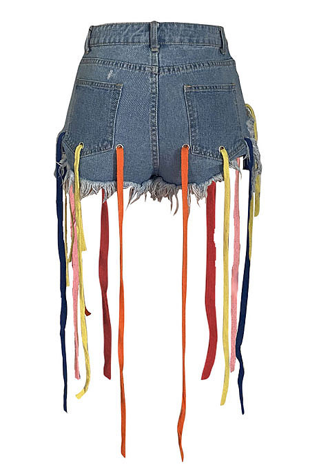 Eyelet Coloured Ribbon Tassel Denim Shorts XQ1107