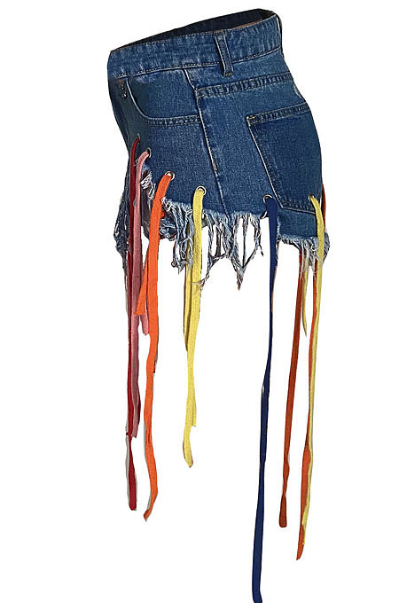 Eyelet Coloured Ribbon Tassel Denim Shorts XQ1107