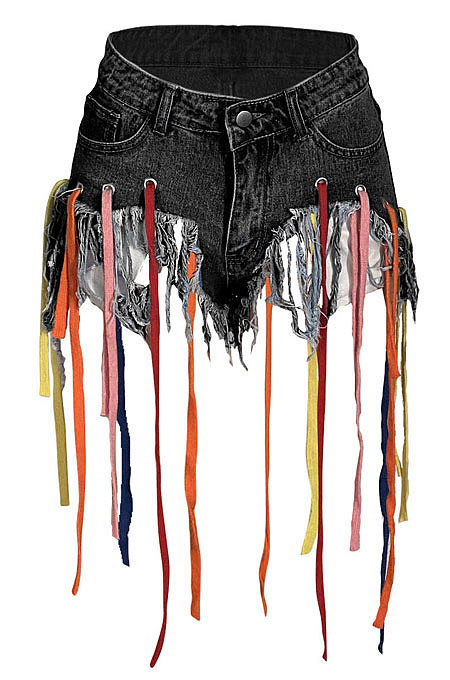 Eyelet Coloured Ribbon Tassel Denim Shorts XQ1107