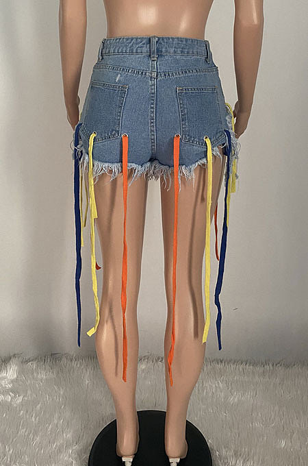 Eyelet Coloured Ribbon Tassel Denim Shorts XQ1107