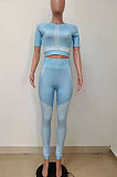 Trendy Printing Short Sleeve Outdoor High Waist Tight Yoga Pants Sets LD9127