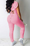 Pure Color Hooded Hollow Out Sexy Shirred Detail Pants Sets CN0094