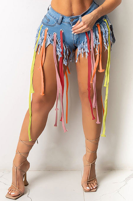 Eyelet Coloured Ribbon Tassel Denim Shorts XQ1107