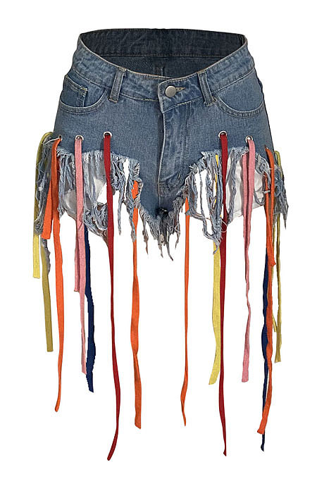 Eyelet Coloured Ribbon Tassel Denim Shorts XQ1107