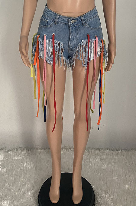 Eyelet Coloured Ribbon Tassel Denim Shorts XQ1107