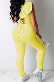 Pure Color Hooded Hollow Out Sexy Shirred Detail Pants Sets CN0094