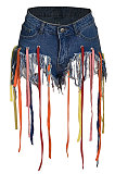 Eyelet Coloured Ribbon Tassel Denim Shorts XQ1107