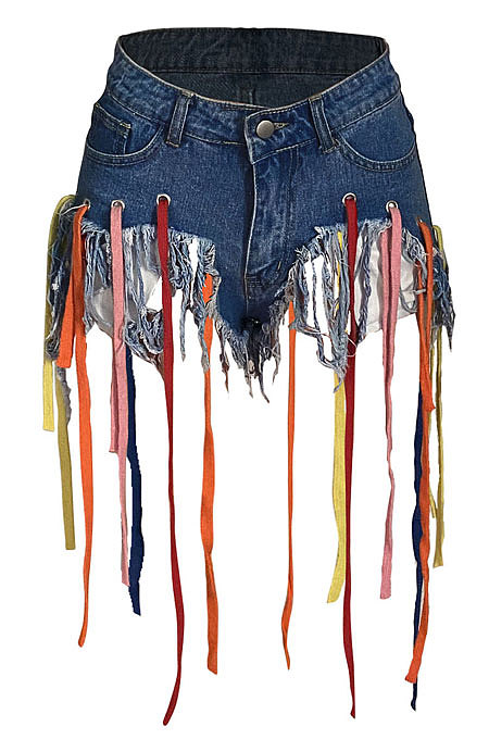Eyelet Coloured Ribbon Tassel Denim Shorts XQ1107