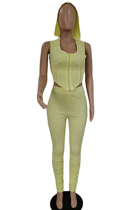 Pure Color Hooded Hollow Out Sexy Shirred Detail Pants Sets CN0094