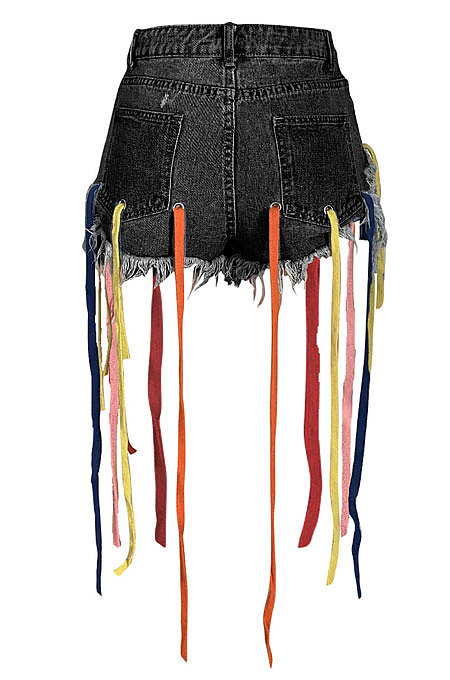 Eyelet Coloured Ribbon Tassel Denim Shorts XQ1107