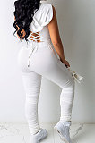 Pure Color Hooded Hollow Out Sexy Shirred Detail Pants Sets CN0094