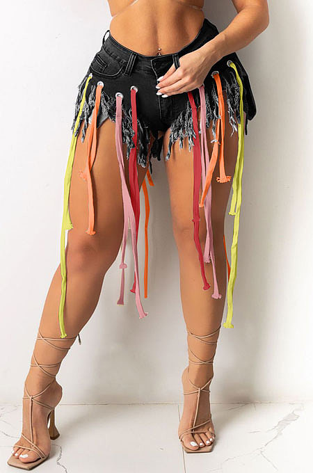 Eyelet Coloured Ribbon Tassel Denim Shorts XQ1107