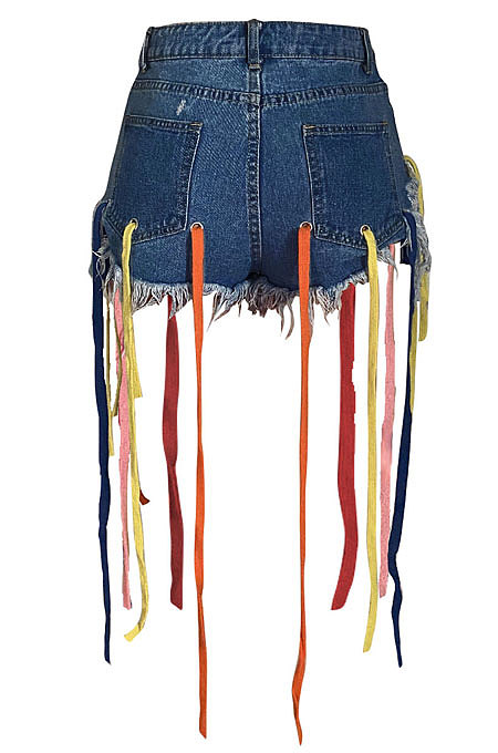 Eyelet Coloured Ribbon Tassel Denim Shorts XQ1107