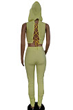 Pure Color Hooded Hollow Out Sexy Shirred Detail Pants Sets CN0094
