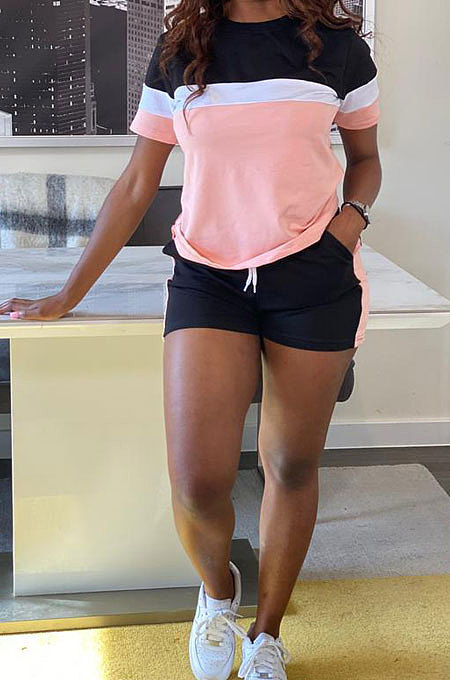 Fashion Casual Spliced Shorts Short Sleeves Pure Color Sets ML7429