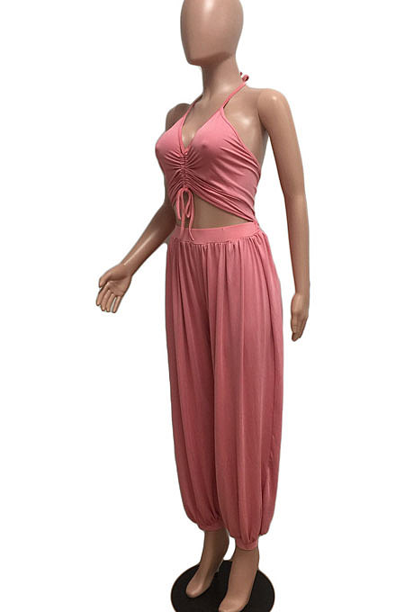 Hang A Neck Backless Dark V Neck Irregularity Wide Leg Jumpsuits AMM8040