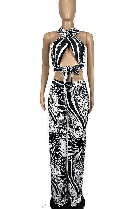 Stripe Printing Bandeau Bra Wide-legged pants Sest CY1316