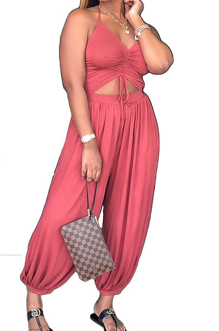 Hang A Neck Backless Dark V Neck Irregularity Wide Leg Jumpsuits AMM8040