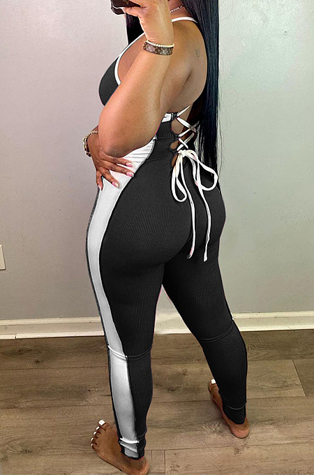 Tight Mid Waist Contarst Color Sling Cross Jumpsuits H1626