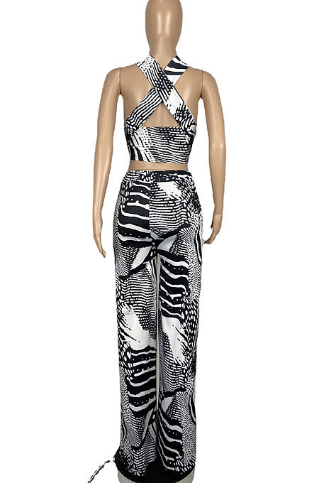 Stripe Printing Bandeau Bra Wide-legged pants Sest CY1316