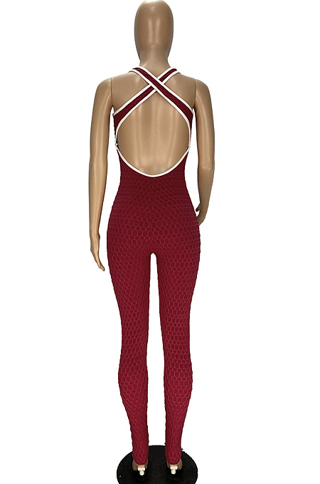 Pure Color Bubble Jacquard Vest Cross Jumpsuits YT3259 