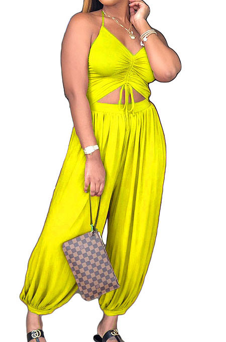 Hang A Neck Backless Dark V Neck Irregularity Wide Leg Jumpsuits AMM8040