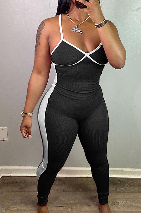 Tight Mid Waist Contarst Color Sling Cross Jumpsuits H1626