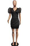 Deep V Pure Color Puff Sleeve Sexy Dresses H1628 
