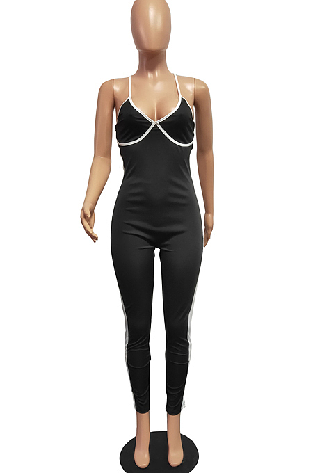 Tight Mid Waist Contarst Color Sling Cross Jumpsuits H1626