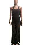 Pure Color Condole Belt Hang A Neck Bind Casual Wide Leg Jumpsuits SN390092