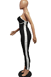 Tight Mid Waist Contarst Color Sling Cross Jumpsuits H1626