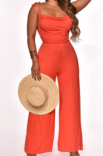 Pure Color Shoulders Bind Casual Wide Leg Jumpsuits SN390090
