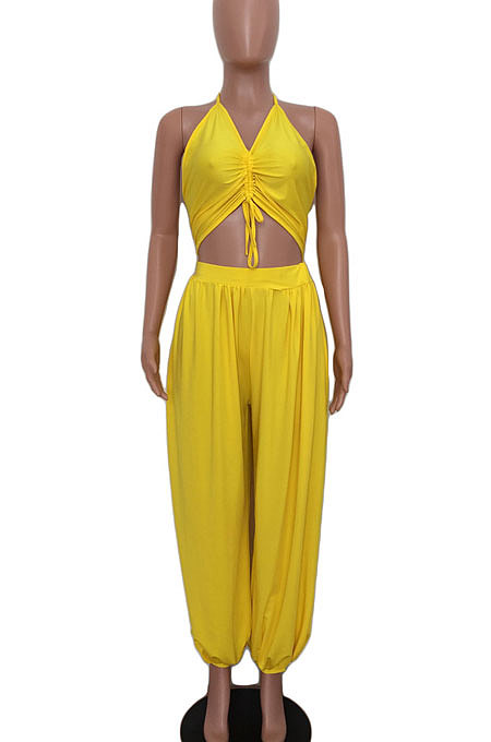 Hang A Neck Backless Dark V Neck Irregularity Wide Leg Jumpsuits AMM8040