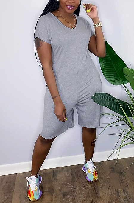 Night Club Pure Color V Neck Zipper Jumpsuits HG107