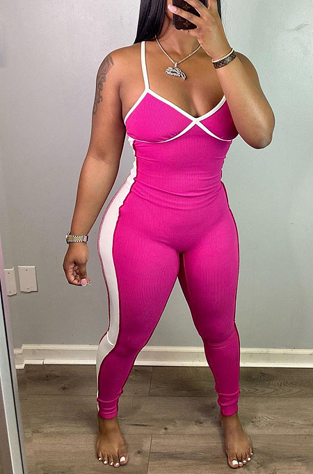 Tight Mid Waist Contarst Color Sling Cross Jumpsuits H1626