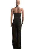 Pure Color Condole Belt Hang A Neck Bind Casual Wide Leg Jumpsuits SN390092