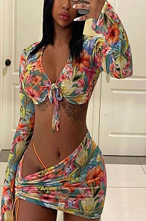 Women Midriff Long Sleeve Irregularity Drawsting Three-Piece Shirts MDF5225