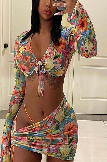 Women Midriff Long Sleeve Irregularity Drawsting Three-Piece Shirts MDF5225