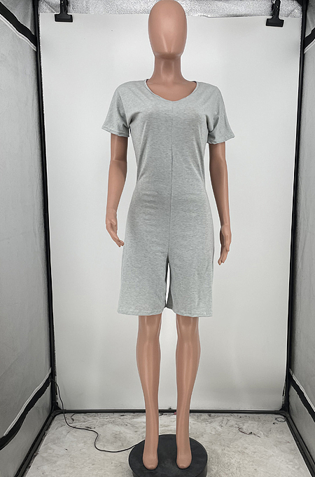 Night Club Pure Color V Neck Zipper Jumpsuits HG107