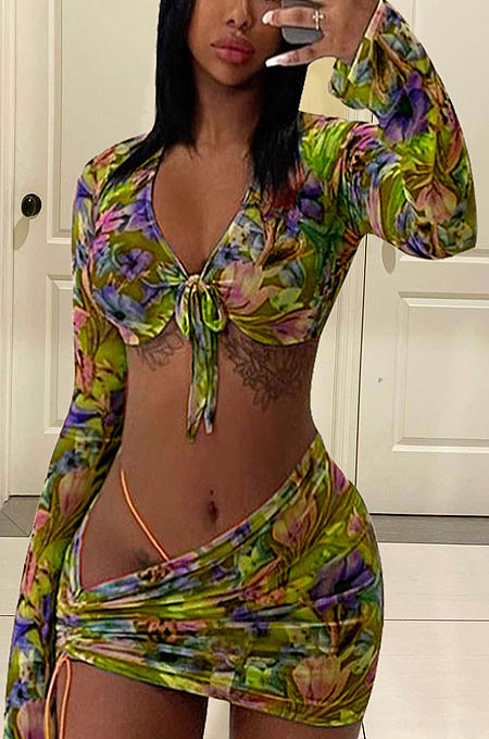 Women Midriff Long Sleeve Irregularity Drawsting Three-Piece Shirts MDF5225