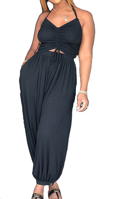 Hang A Neck Backless Dark V Neck Irregularity Wide Leg Jumpsuits AMM8040
