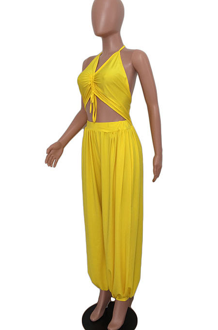 Hang A Neck Backless Dark V Neck Irregularity Wide Leg Jumpsuits AMM8040