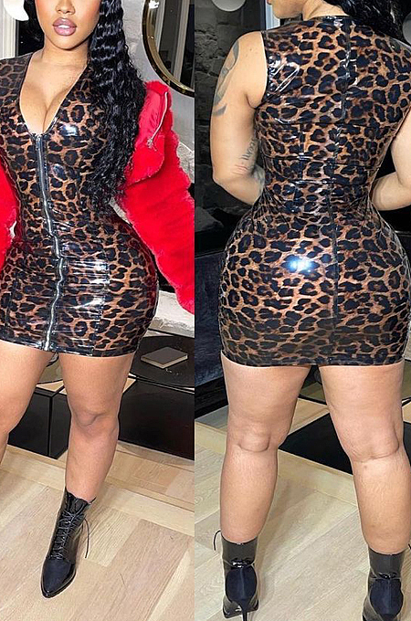 Sexy Deep V Leopard Print PU Stretch Mini Dress QZ3320