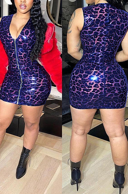 Sexy Deep V Leopard Print PU Stretch Mini Dress QZ3320